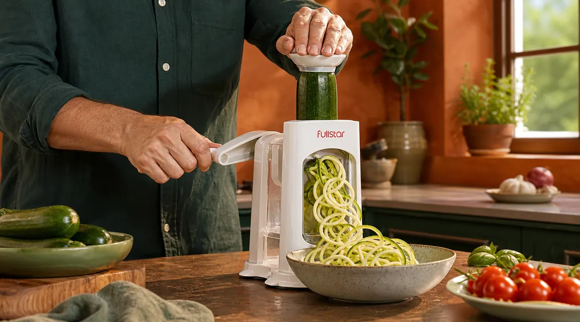 Hands using the Fullstar 4-in-1 spiralizer to spiralize a zucchini over a large mixing bowl on a white kitchen counter