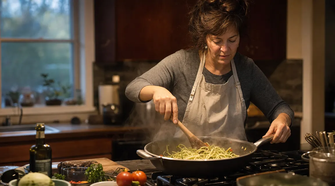 Woman in an apron tossing spiralized vegetable noodles in a large skillet on the stove with garlic and olive oil