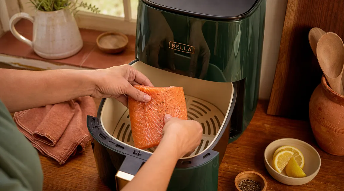 Hand placing a piece of salmon into the BELLA air fryer basket, no oil visible
