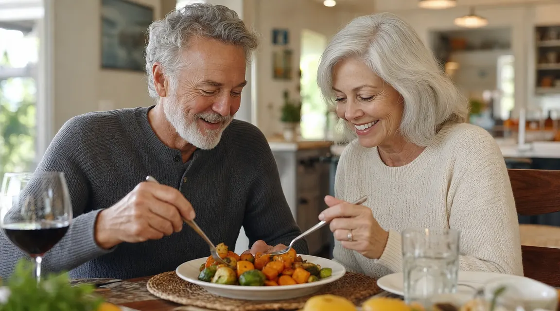 Older couple eating air-fried vegetables at a dining table, relaxed and smiling