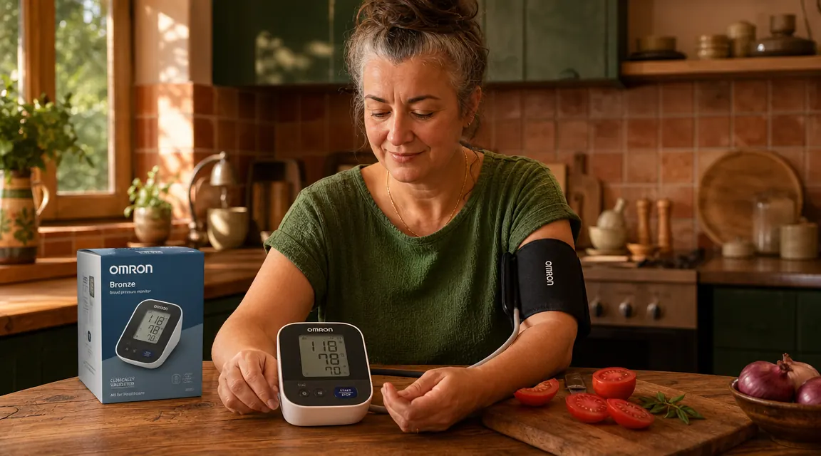 OMRON Bronze upper-arm blood pressure monitor displaying a reading on its screen, resting on a wooden table