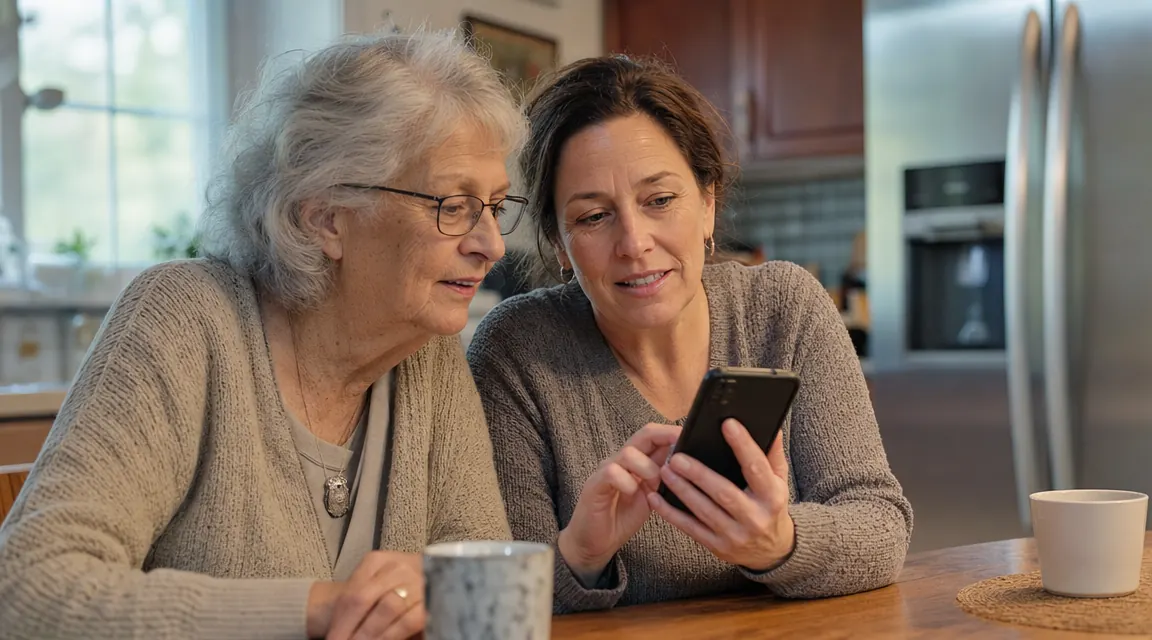 Adult daughter and elderly parent reviewing blood pressure readings on a phone app together at a kitchen table