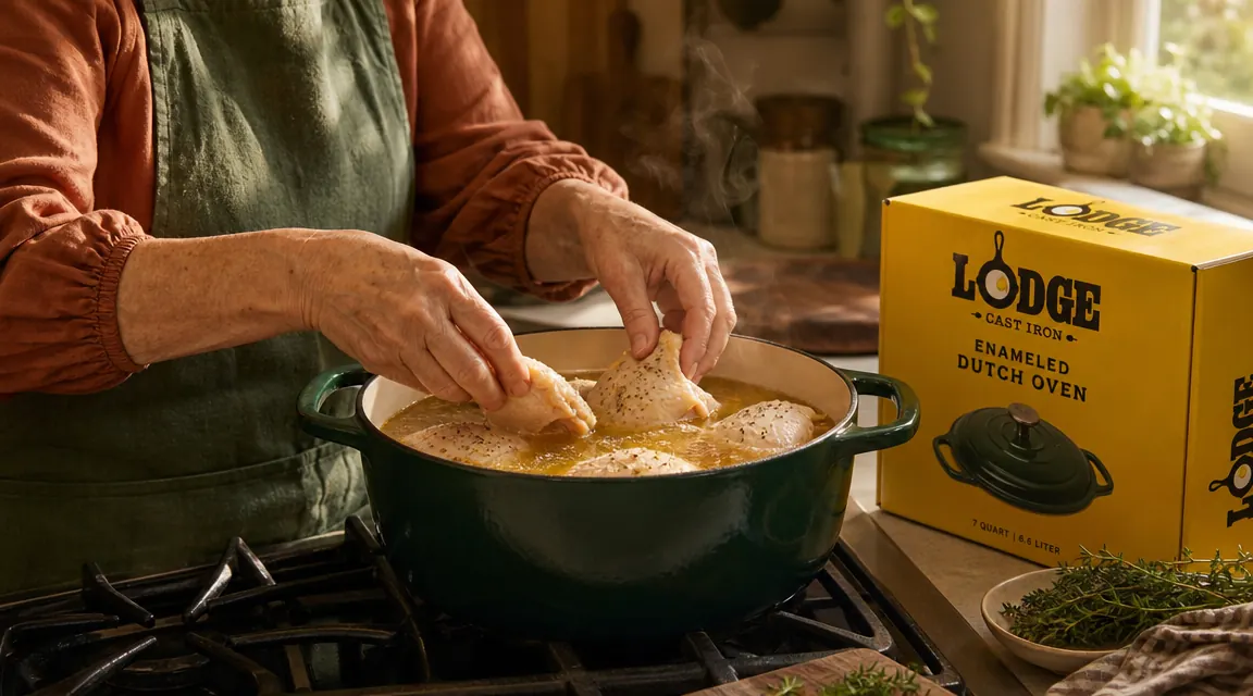 Hands placing a bone-in chicken thigh into a Lodge Dutch oven filled with low-sodium broth and vegetables