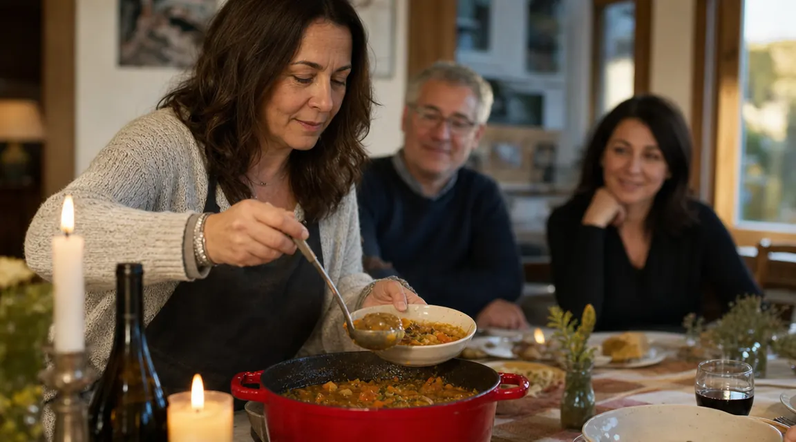 Person ladling heart-healthy vegetable stew from a Dutch oven into a bowl at the dinner table