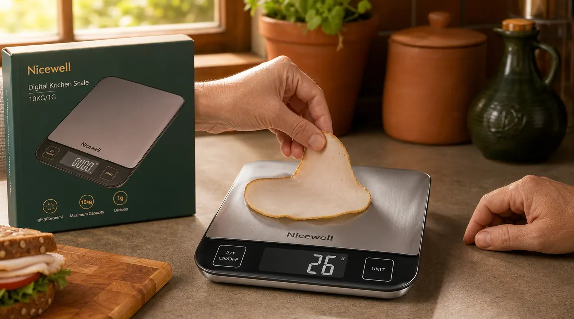 Hand placing a single slice of deli turkey onto a Nicewell food scale showing grams