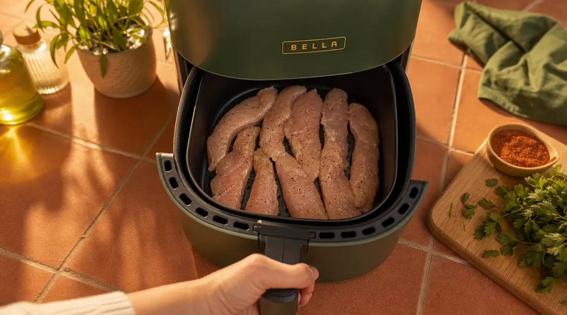 A single layer of chicken breast pieces in the BELLA air fryer basket, showing how limited the 4Qt capacity actually is