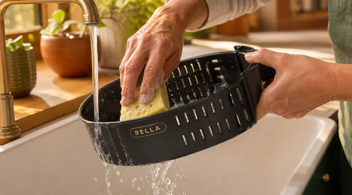 Close-up of the BELLA ceramic nonstick basket being rinsed gently by hand rather than placed in a dishwasher
