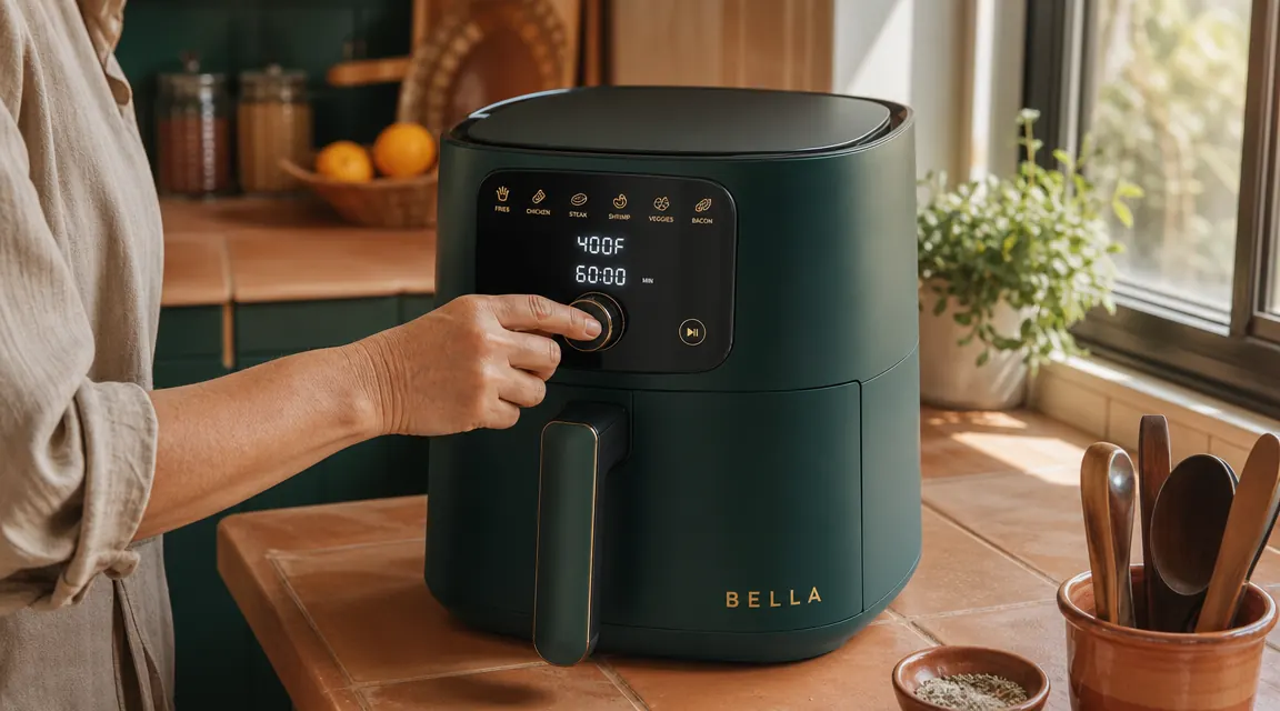 Close-up of BELLA air fryer digital control panel showing temperature and preset cooking buttons