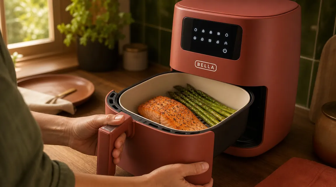 Close-up of the BELLA air fryer basket with salmon fillet and asparagus, no added oil