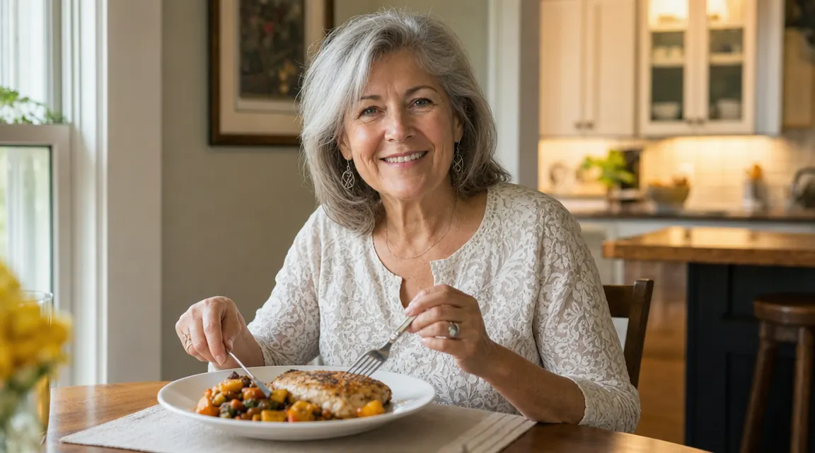 Older adult woman eating a colorful plate of air-fried vegetables and chicken at a dining table