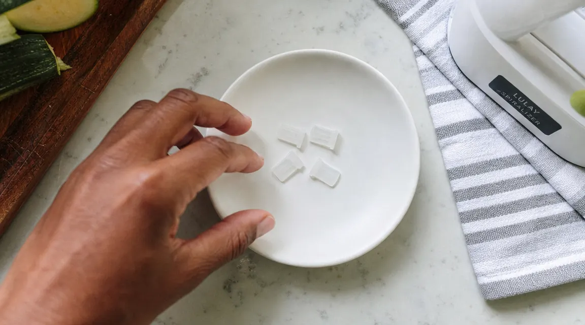 Collection of small plastic blade caps from a Fullstar spiralizer arranged on a white plate to show how easy they are to misplace