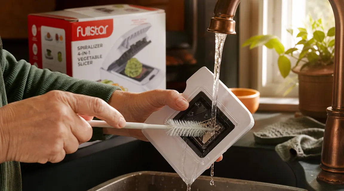 Fullstar spiralizer being rinsed under running tap water, showing the blade assembly being cleaned in a kitchen sink