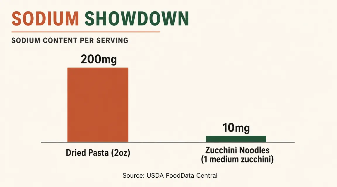 Side-by-side sodium comparison chart: dried pasta serving 200mg vs zucchini noodles 10mg, styled as a simple bar chart