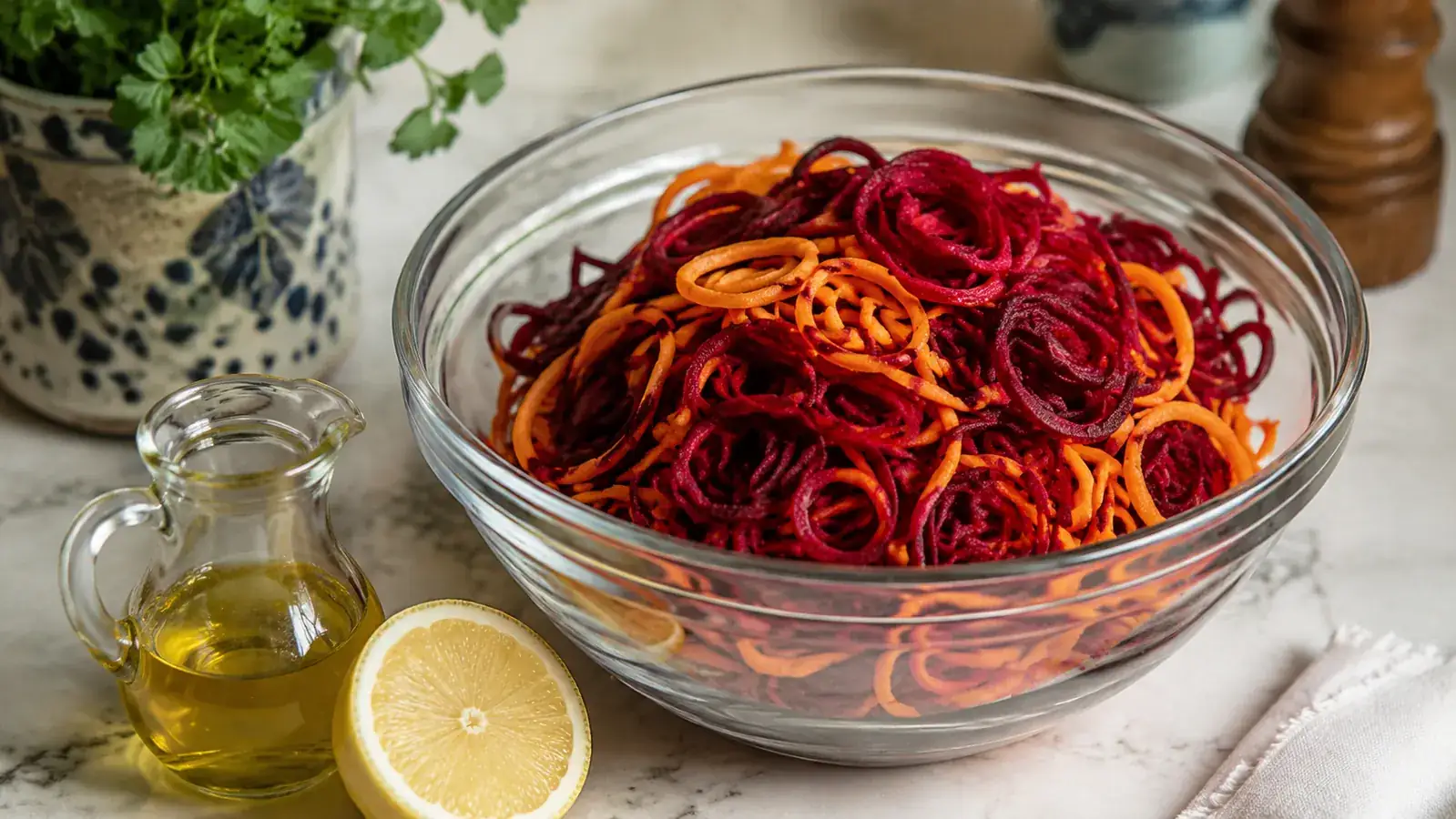 Spiralized beet and carrot noodles in a glass prep bowl next to olive oil and a lemon half on a marble surface