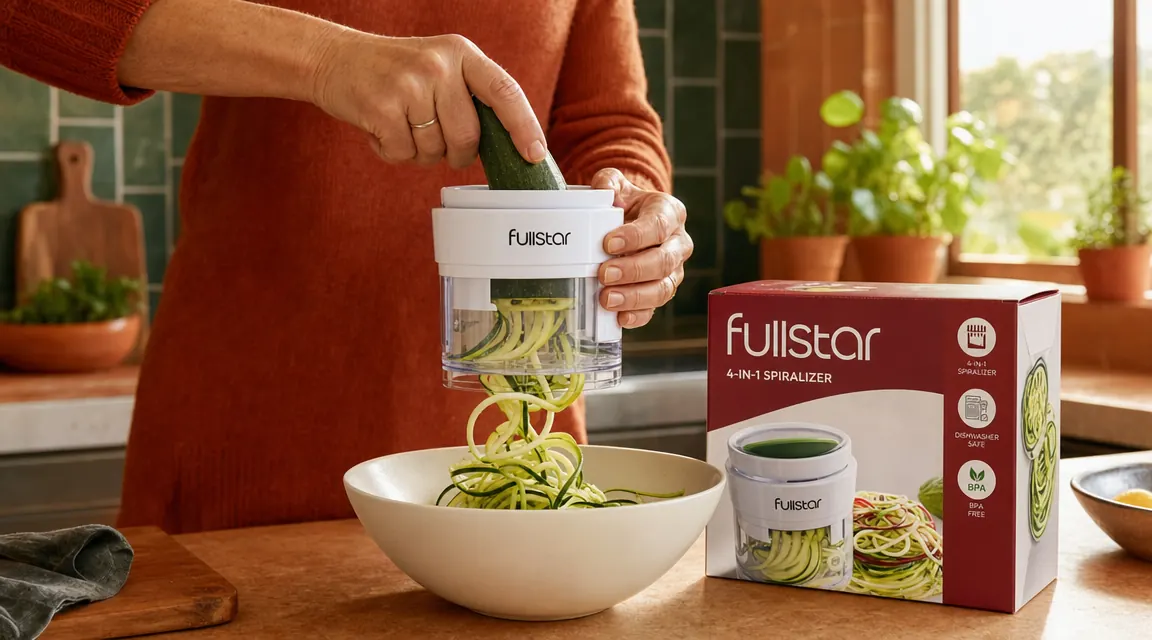 Hands using the Fullstar spiralizer to make zucchini noodles into a ceramic bowl