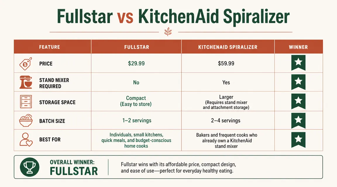 Side-by-side comparison chart showing Fullstar vs KitchenAid attachment price, storage footprint, batch speed, and who it suits