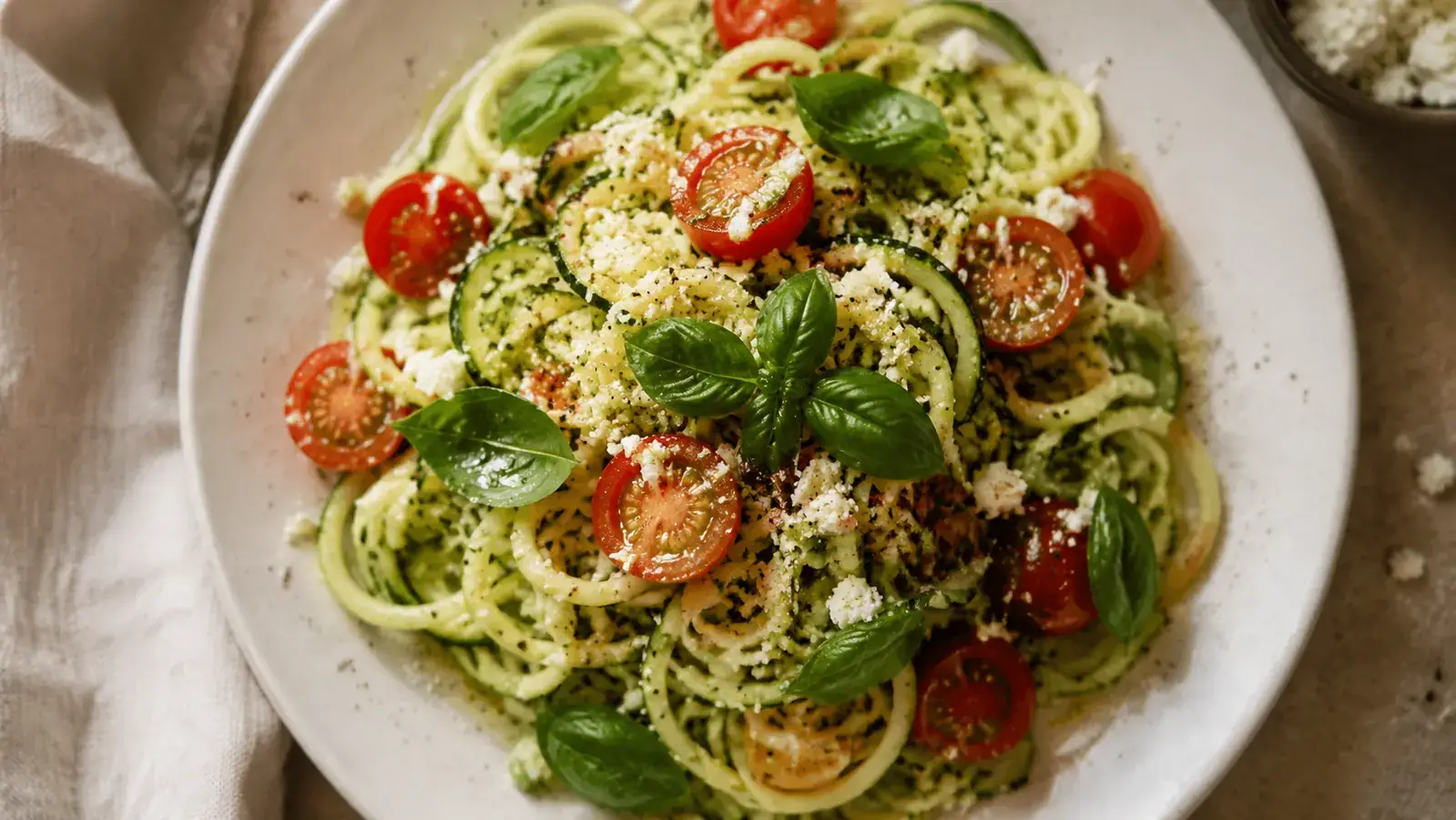 A finished plate of Mediterranean-style zucchini noodles with olive oil, cherry tomatoes, and fresh basil