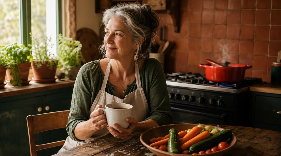 A woman in her fifties at a sunlit kitchen window with coffee and a journal, calm morning light