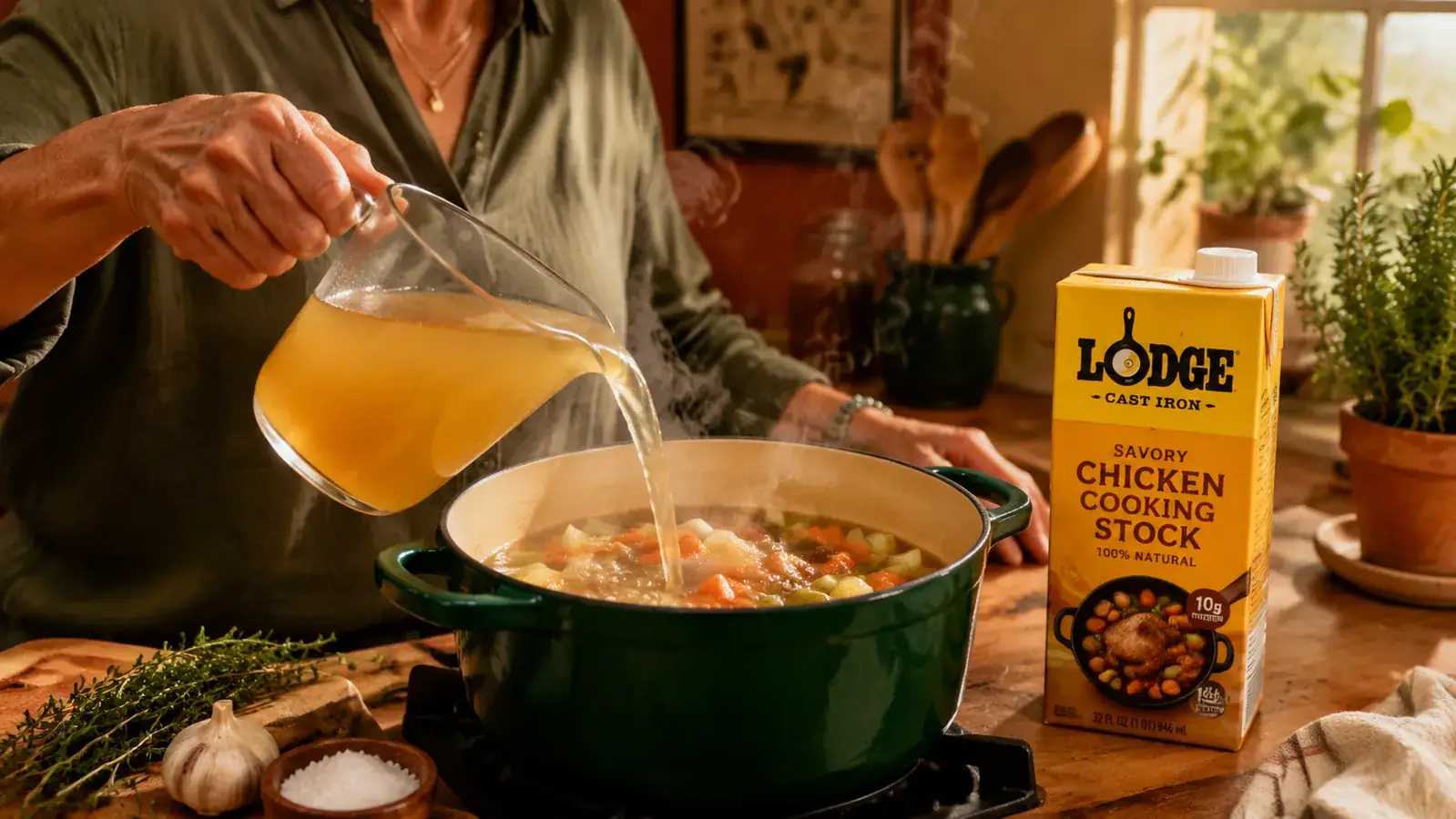 Hands pouring homemade no-salt-added chicken stock from a mason jar into a Lodge cast iron Dutch oven full of vegetables