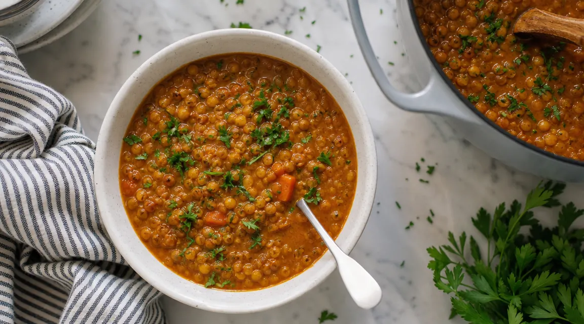 A bowl of dark lentil stew ladled from a Lodge Dutch oven, garnished with fresh parsley, sitting next to a blood pressure monitor