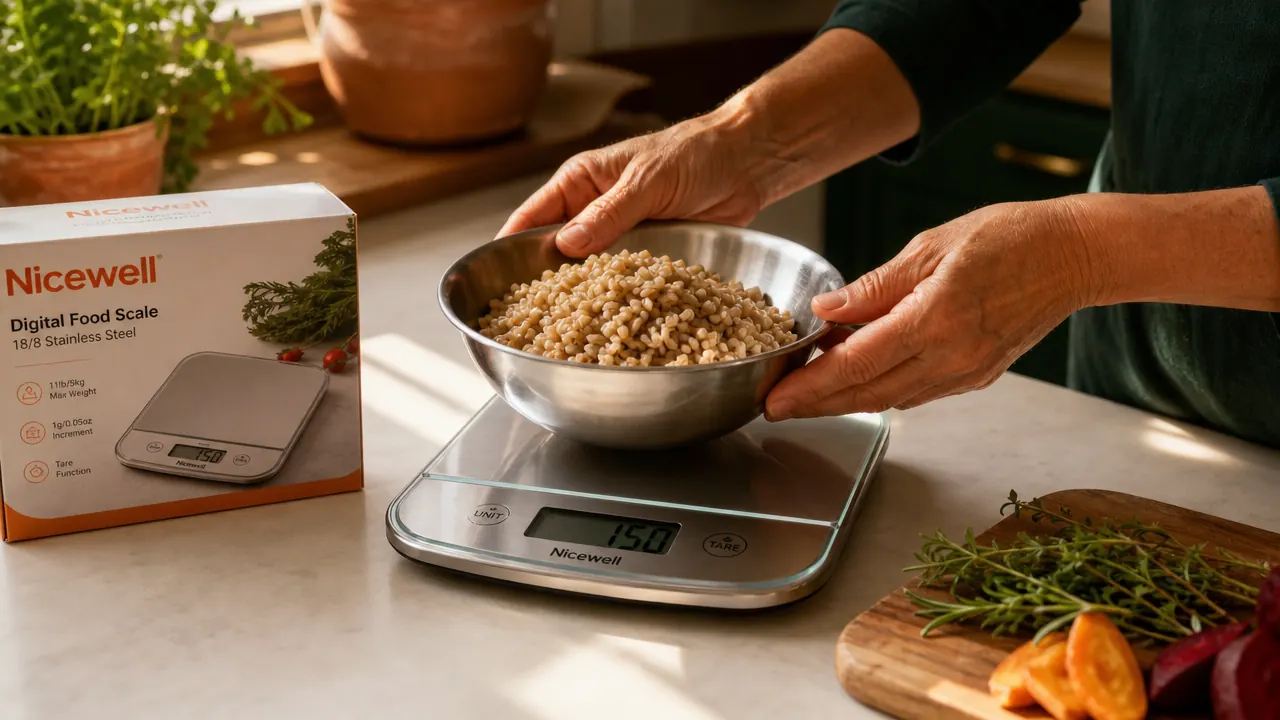 A Nicewell digital food scale on a kitchen counter with a stainless steel bowl on top showing cooked farro being weighed in grams