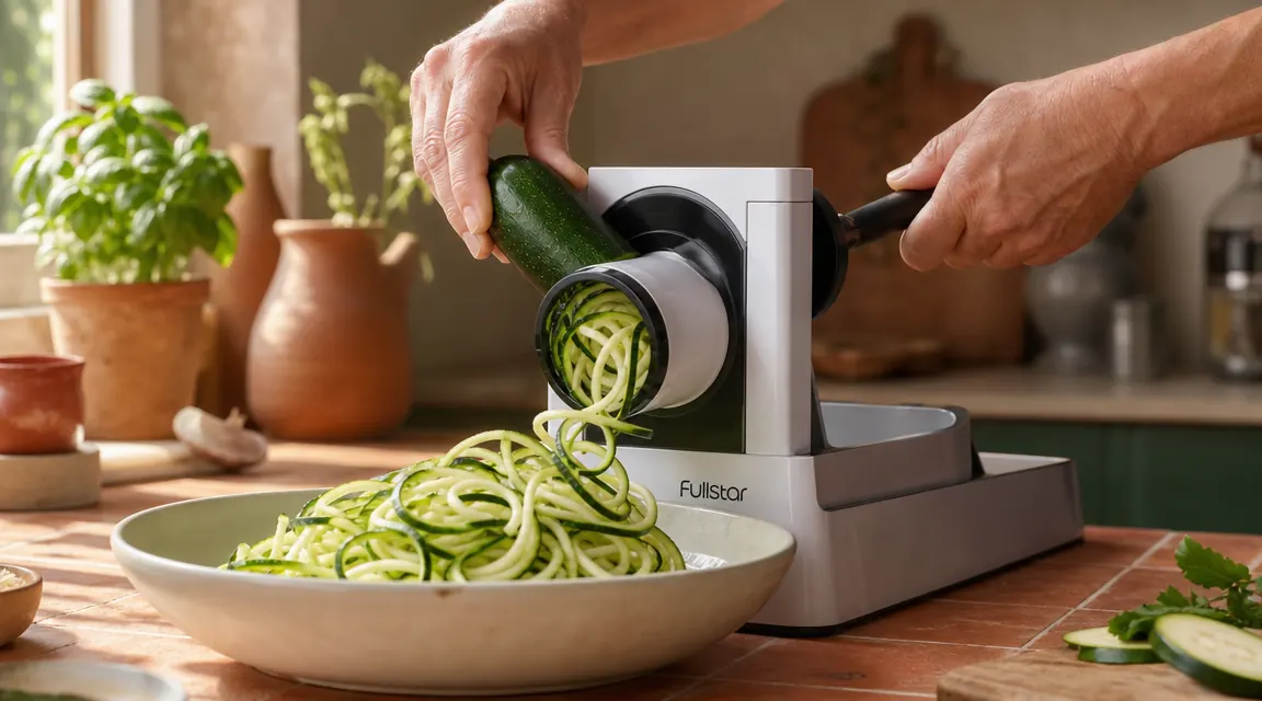 Hands pressing a zucchini through the Fullstar 4-in-1 spiralizer, noodles falling into a bowl below
