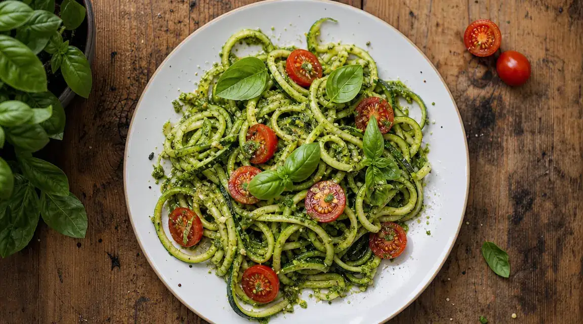A plate of spiralized zucchini noodles topped with bright green pesto and cherry tomatoes on a wooden table