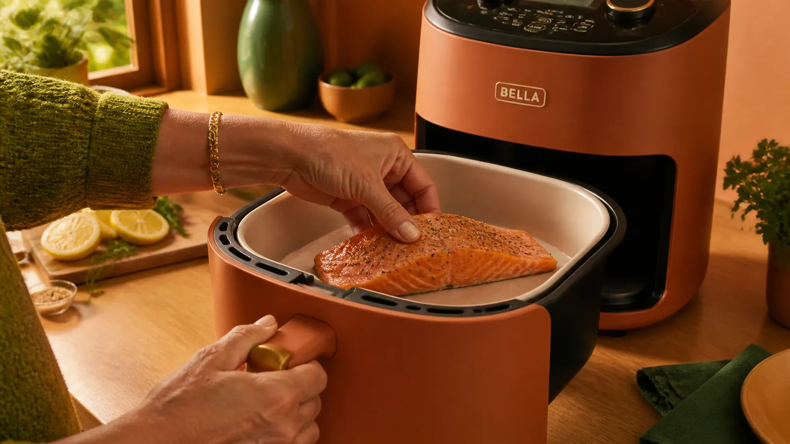 Hand placing salmon fillet into air fryer basket lined with parchment