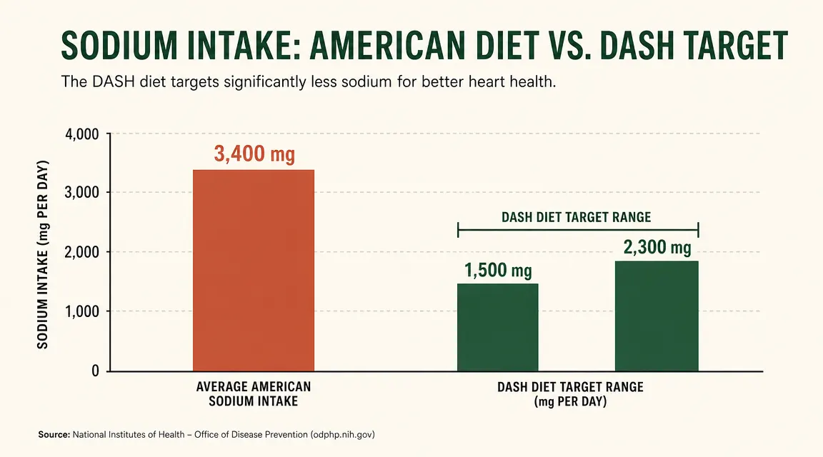 Chart showing DASH diet sodium targets per day versus average American intake