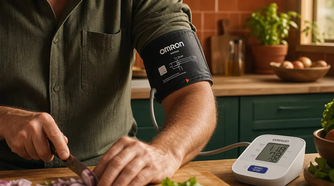 Proper blood pressure cuff placement on the upper arm, two finger widths above the elbow crease
