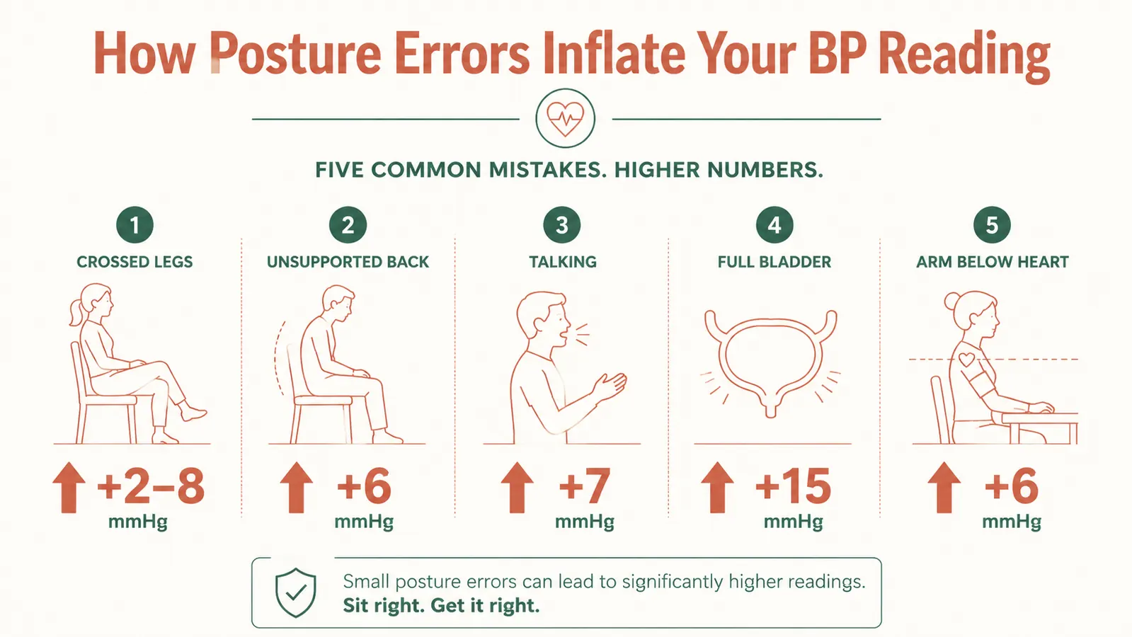 Chart showing how different posture errors affect blood pressure readings, with millimeter mercury differences labeled
