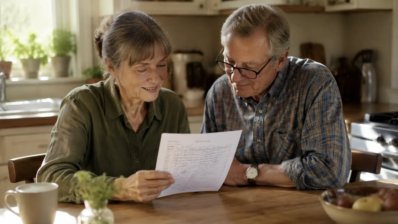 Relaxed older couple reviewing blood pressure log together at a kitchen table, both smiling