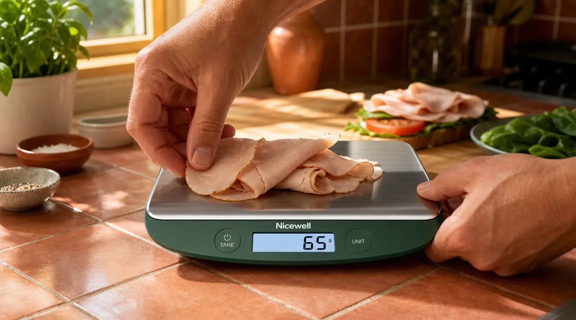 Hand placing a portion of sliced turkey onto a digital kitchen scale showing grams