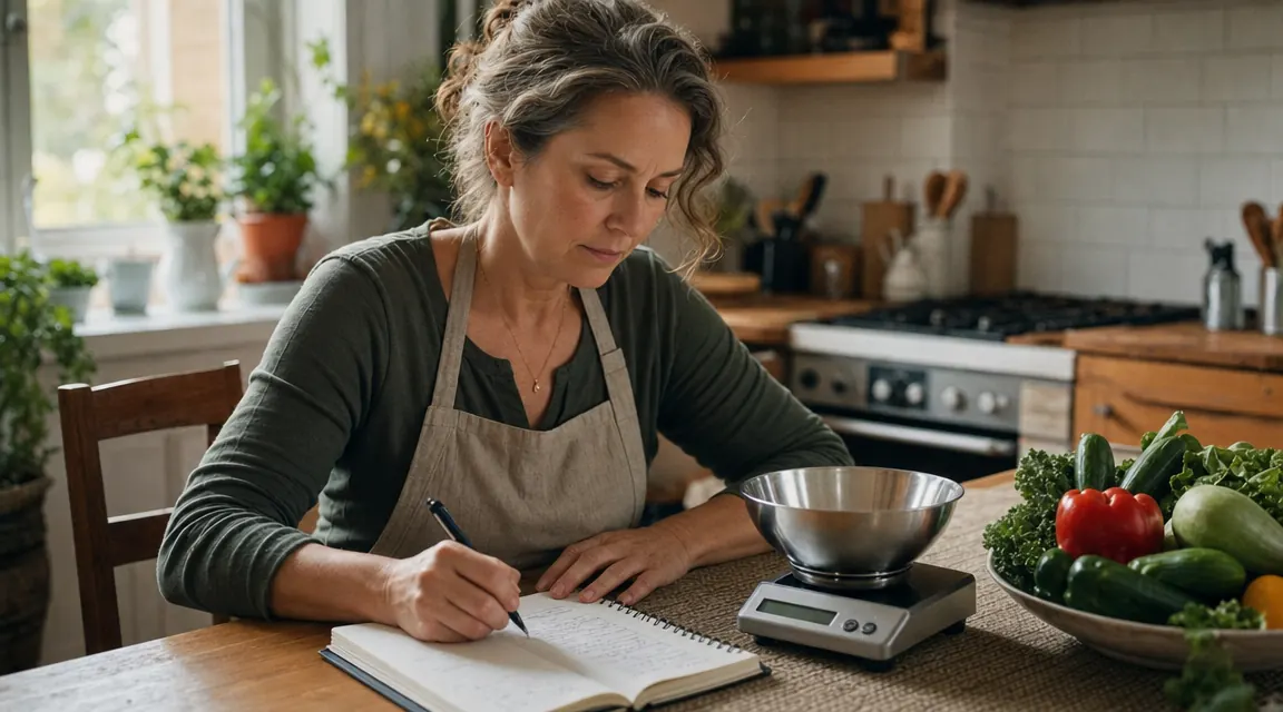 Woman writing in a food journal at a kitchen table with a scale and vegetables nearby