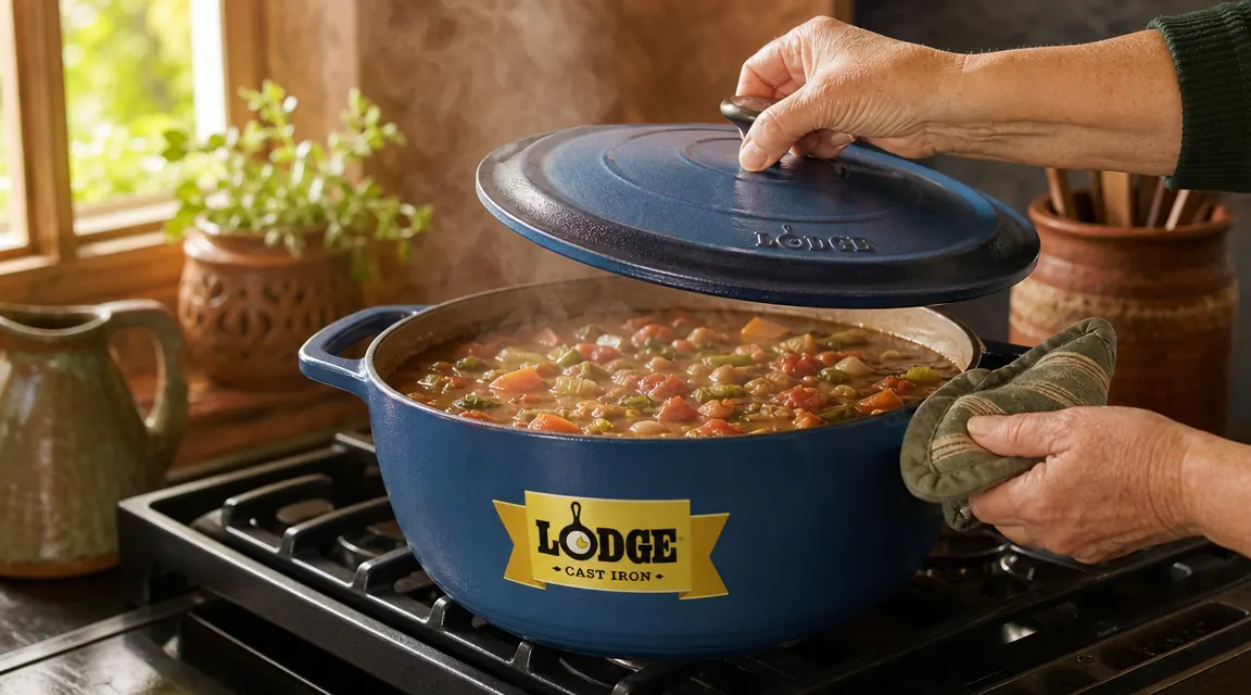 Close-up of hands lifting the Lodge Dutch oven lid with oven mitts, showing steam rising from a vegetable stew inside