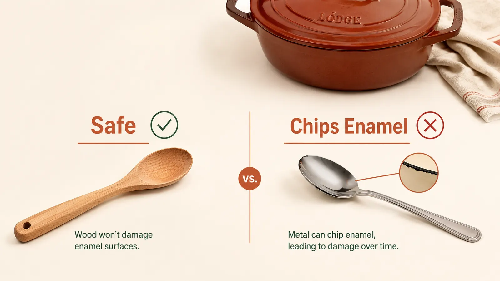Side-by-side comparison showing a wooden spoon on the left and a silicone spoon on the right, with a warning icon between them over an enamel surface