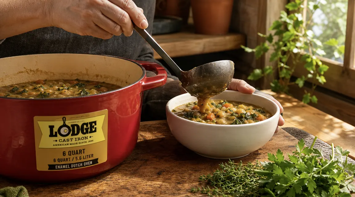 Hand ladling low-sodium soup from a Lodge Dutch oven into a ceramic bowl on a wooden cutting board