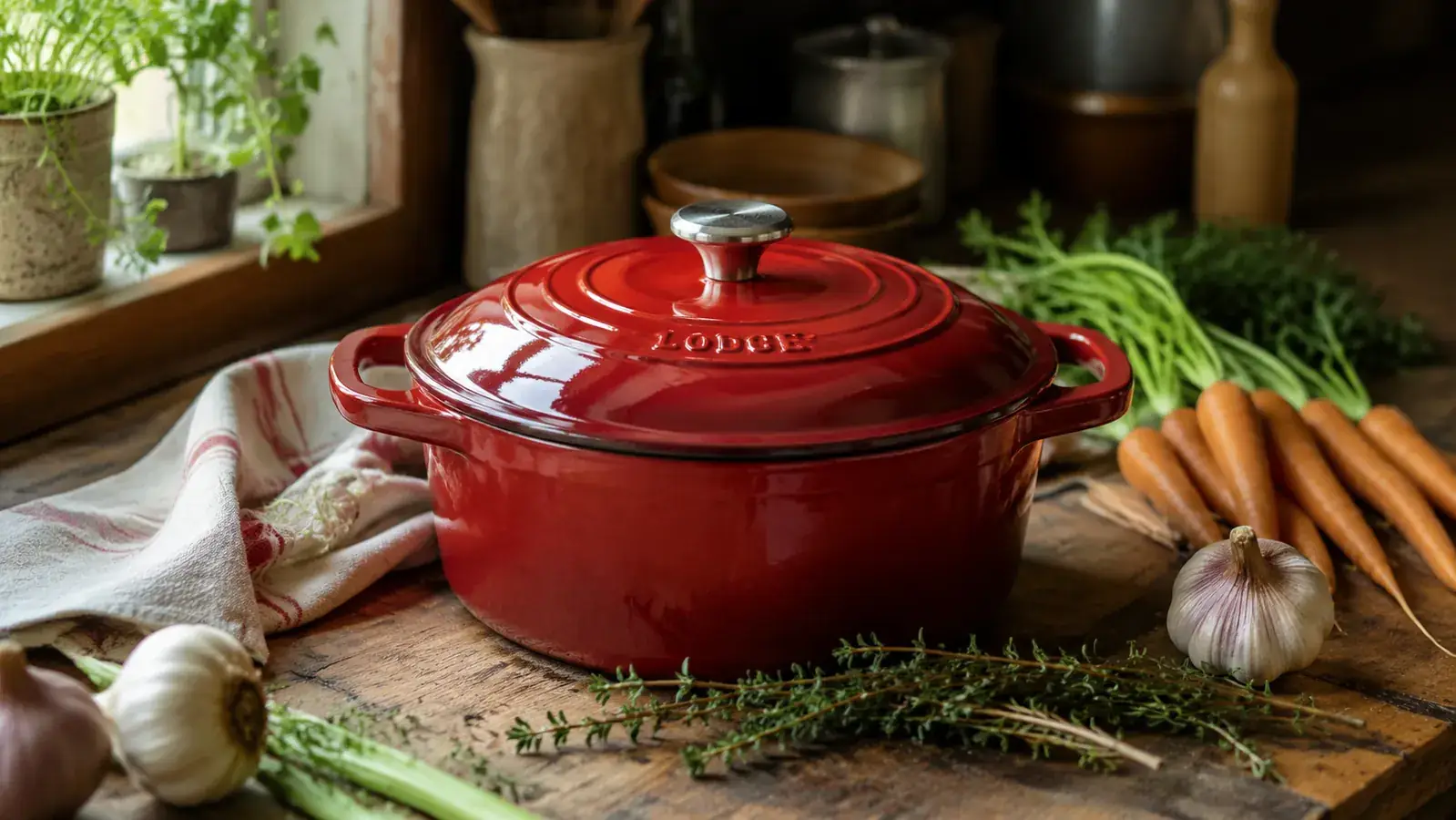 Lodge Dutch oven with lid on, surrounded by fresh vegetables including carrots, celery, and garlic on a kitchen counter
