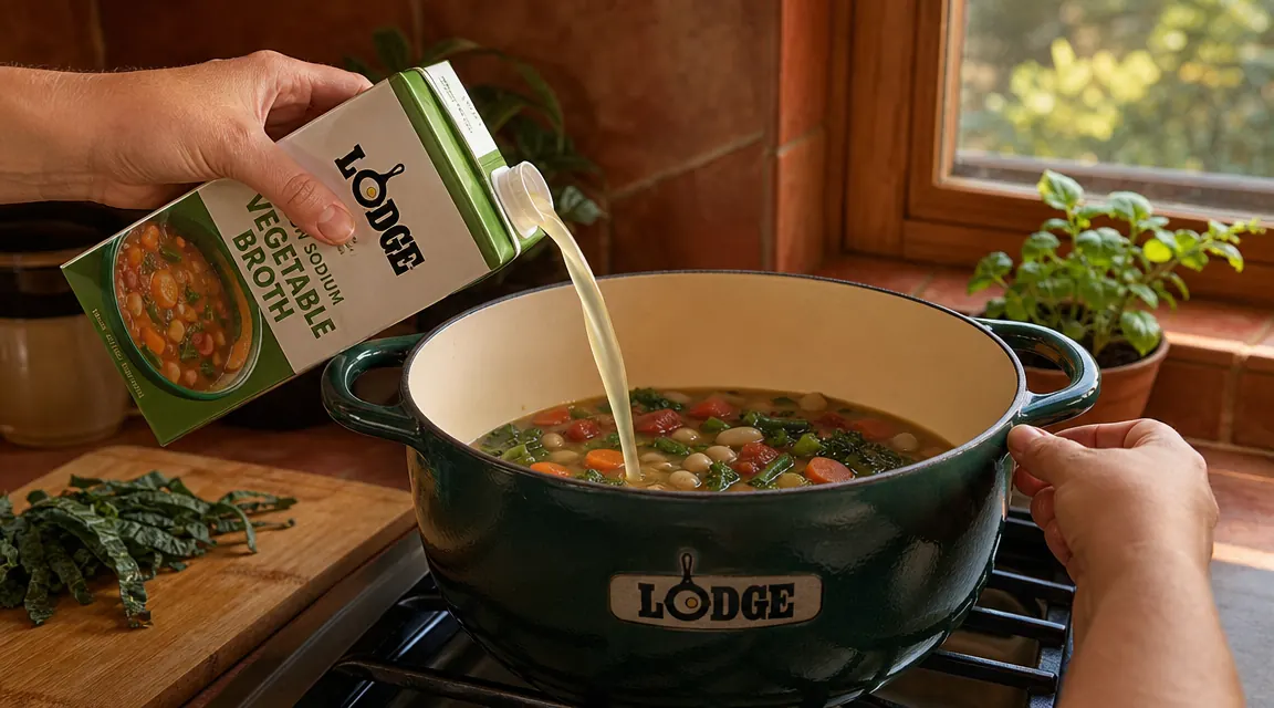 Close-up of Lodge enameled Dutch oven with low-sodium vegetable broth being poured in, showing the cream enamel interior