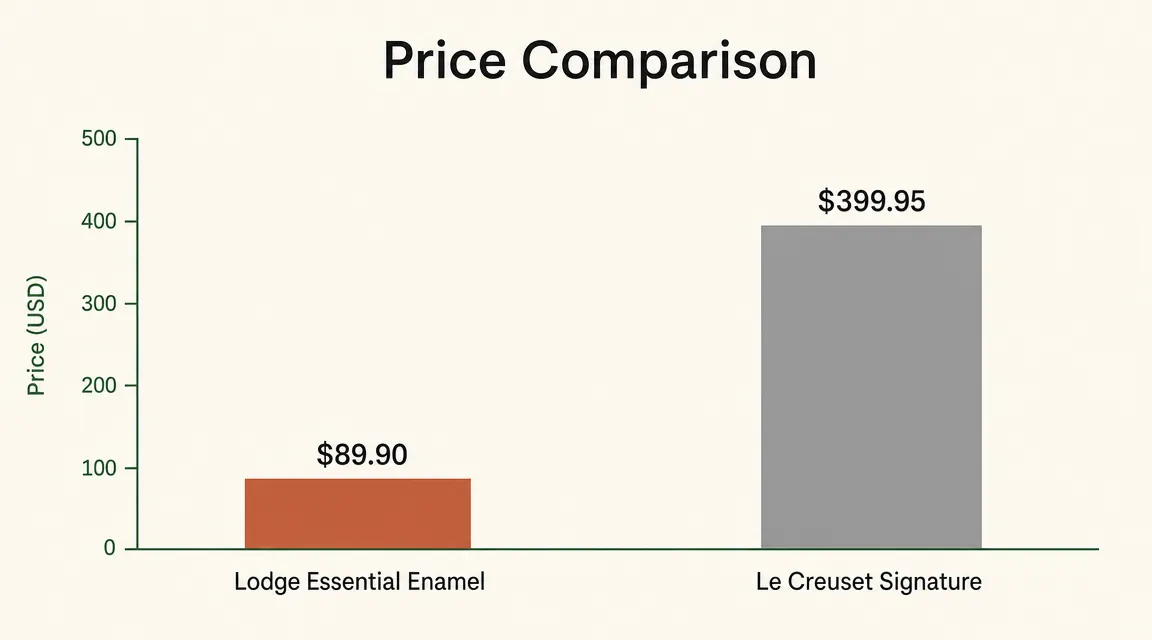 Side-by-side price comparison chart: Lodge at budget pricing vs Le Creuset at premium pricing, with a checkmark next to Lodge