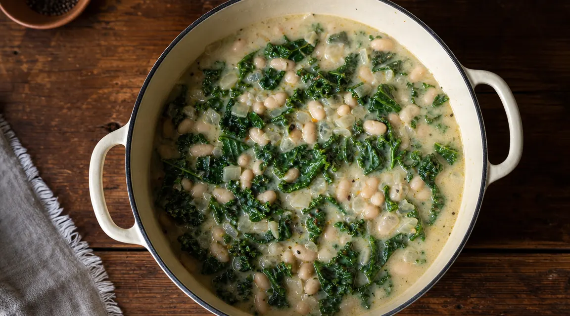 Finished low-sodium white bean and kale soup in a Dutch oven, ready to serve