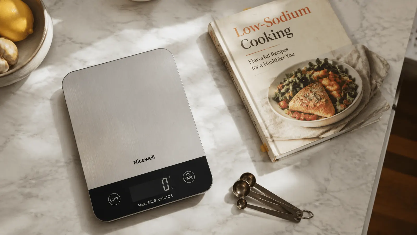 A tidy kitchen counter showing the Nicewell scale stored flat next to a low-sodium cookbook and a set of measuring spoons