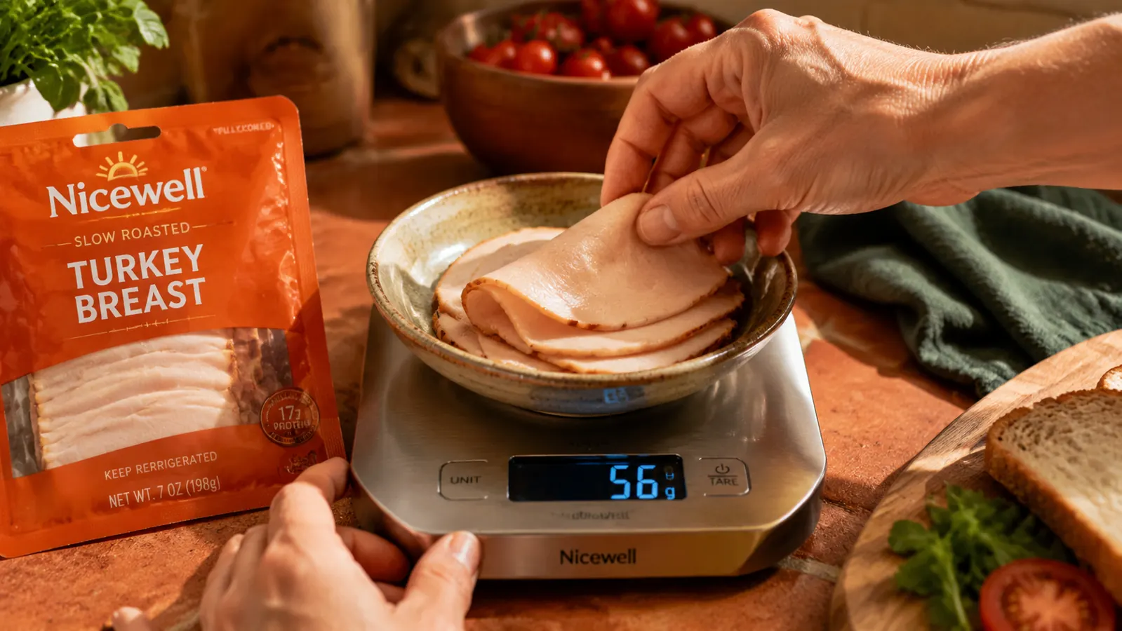 Hand placing sliced deli turkey onto a kitchen scale that reads 56 grams, stainless steel surface