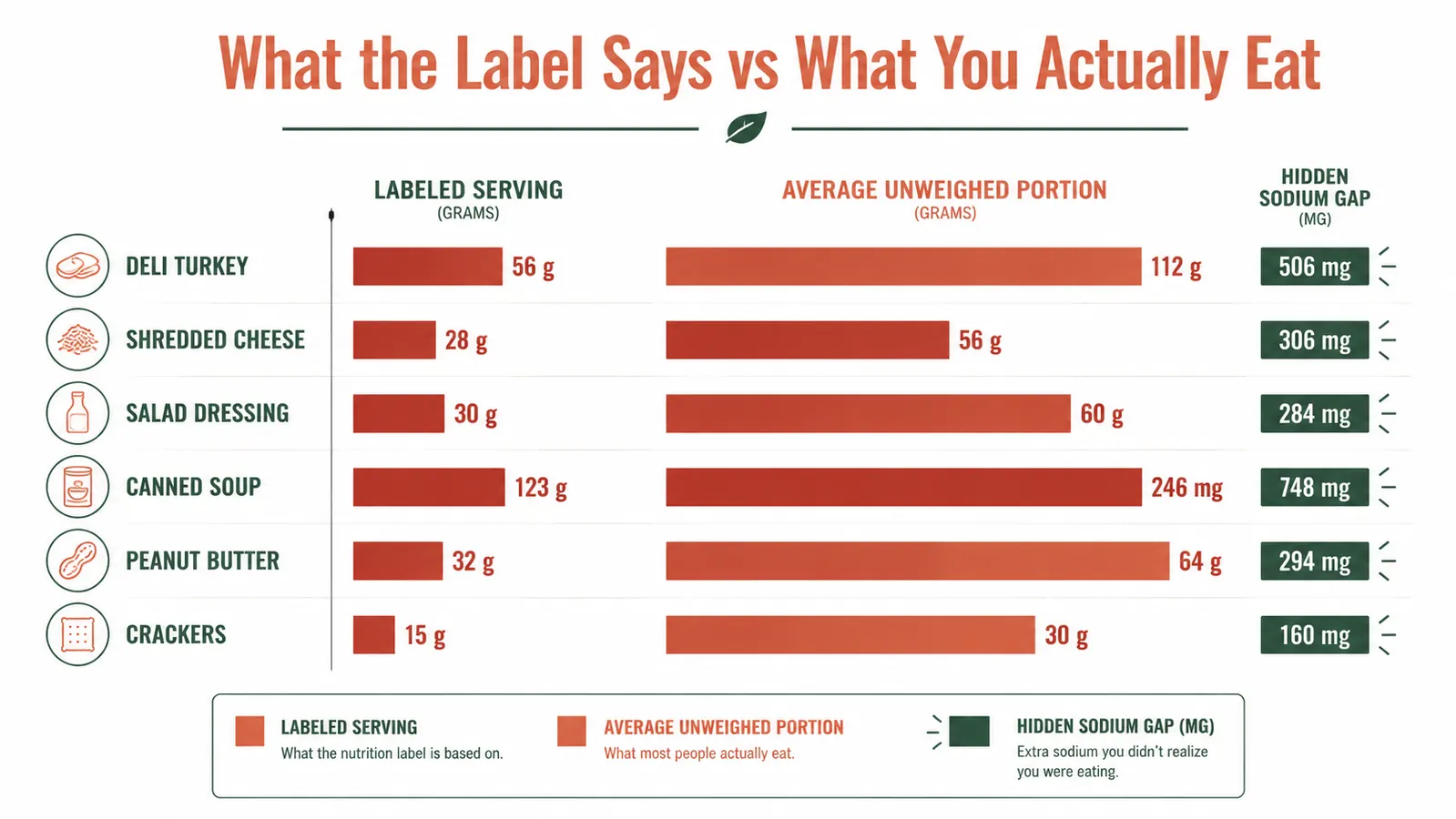 Chart comparing intended serving size versus actual weighed portion for six common foods, showing sodium gap