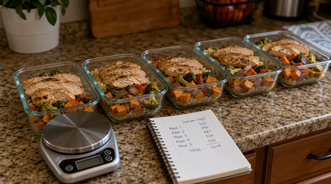 Meal prep containers lined up on a counter with a food scale and handwritten sodium log nearby