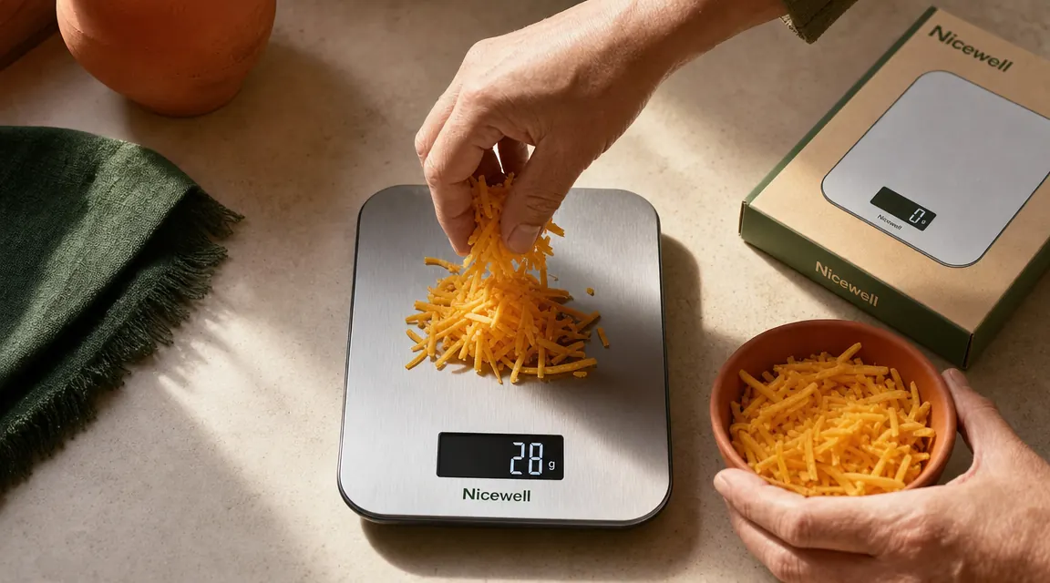 Close-up of a hand placing a small portion of shredded cheese on a kitchen scale showing 28 grams