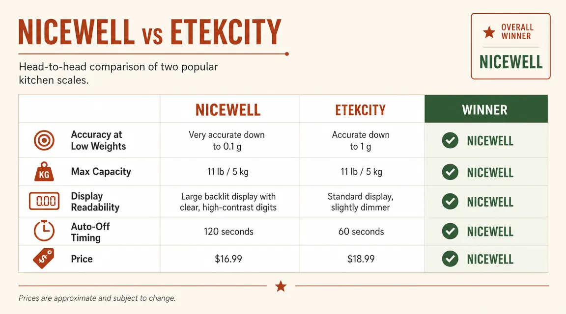 Side-by-side comparison chart of Nicewell and Etekcity scale features for DASH diet use