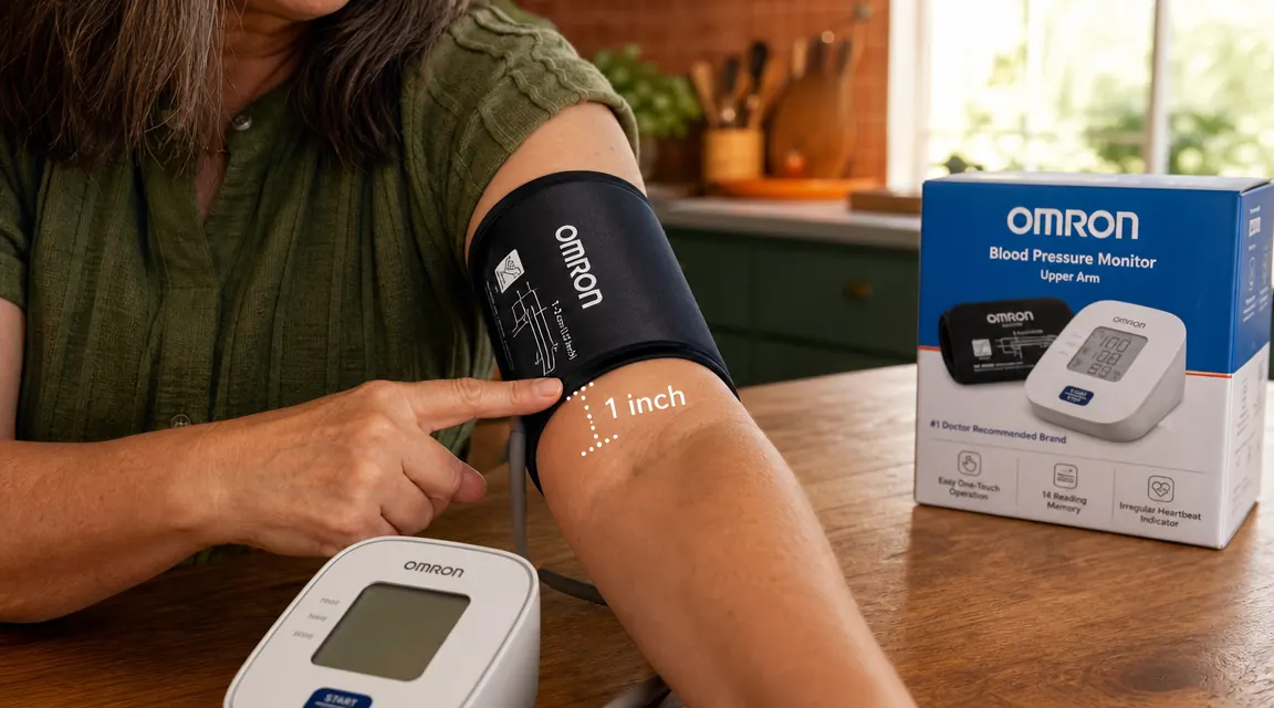 Person wrapping a blood pressure cuff around their upper arm, showing correct cuff placement one inch above the elbow crease