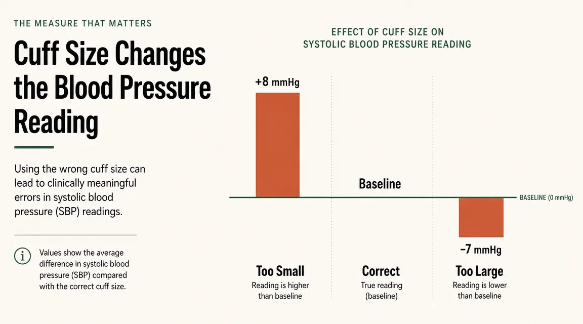 Chart showing the difference in blood pressure readings between correct and incorrect cuff sizing, with two columns labeled Too Small, Correct, and Too Large