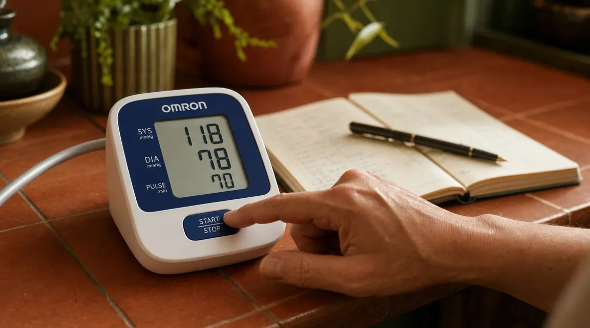 Hand pressing the start button on an Omron blood pressure monitor, with a logbook open nearby showing a week of morning readings